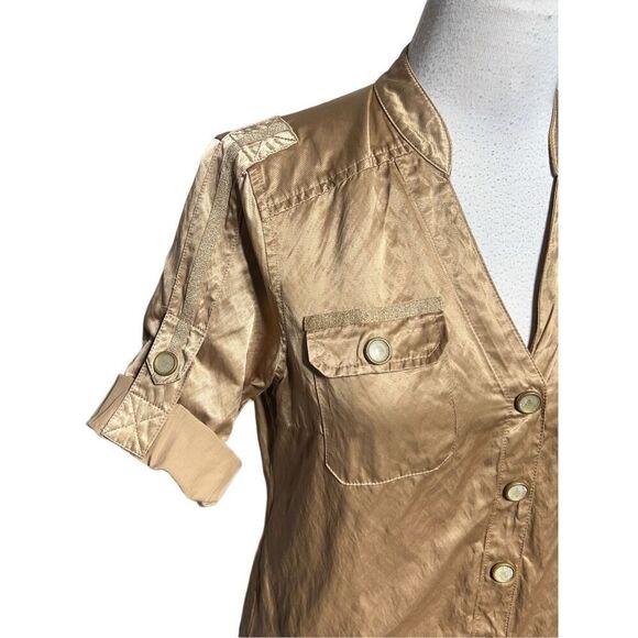Spanner Silky Gold Metallic Snap up Tunic Blouse Roll Tab Sleeves Size 2 - Picture 2 of 5